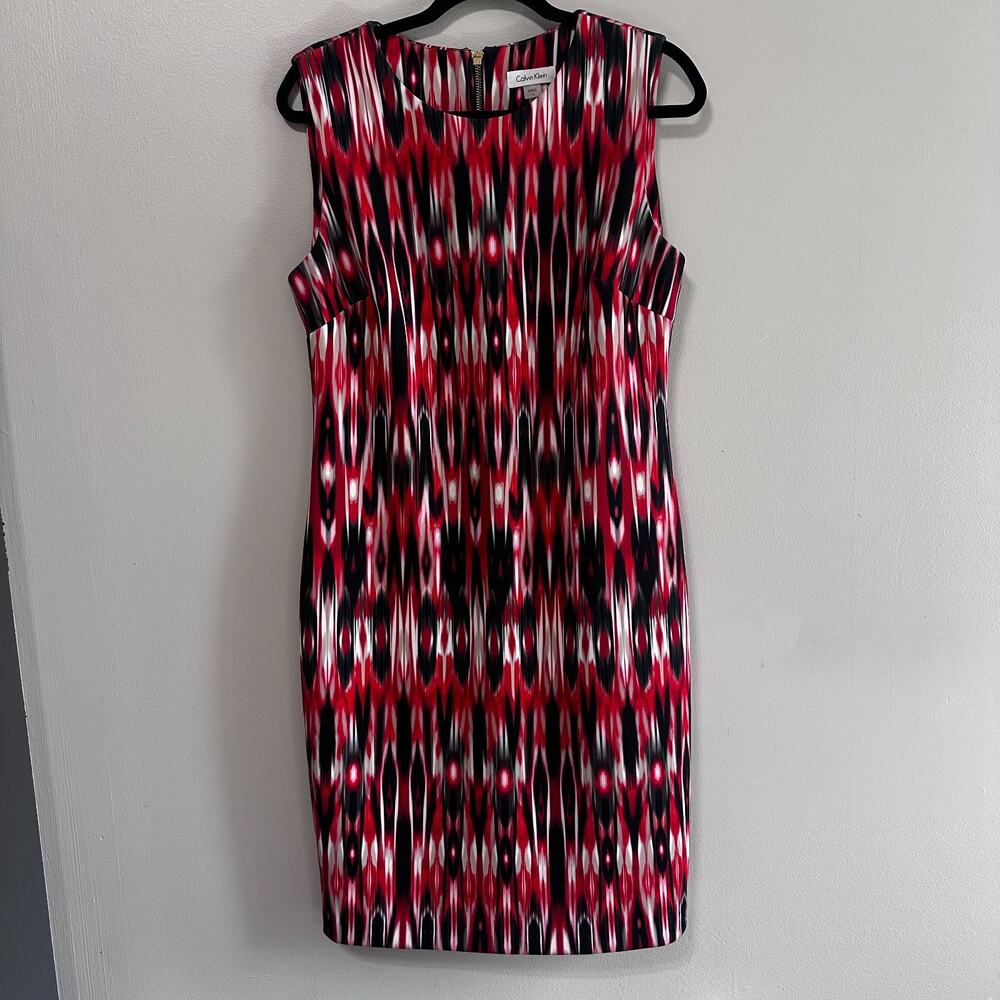 Calvin Klein Printed Scuba Sheath Dress Size 12 Red Black Sleeveless Business - Picture 1 of 4